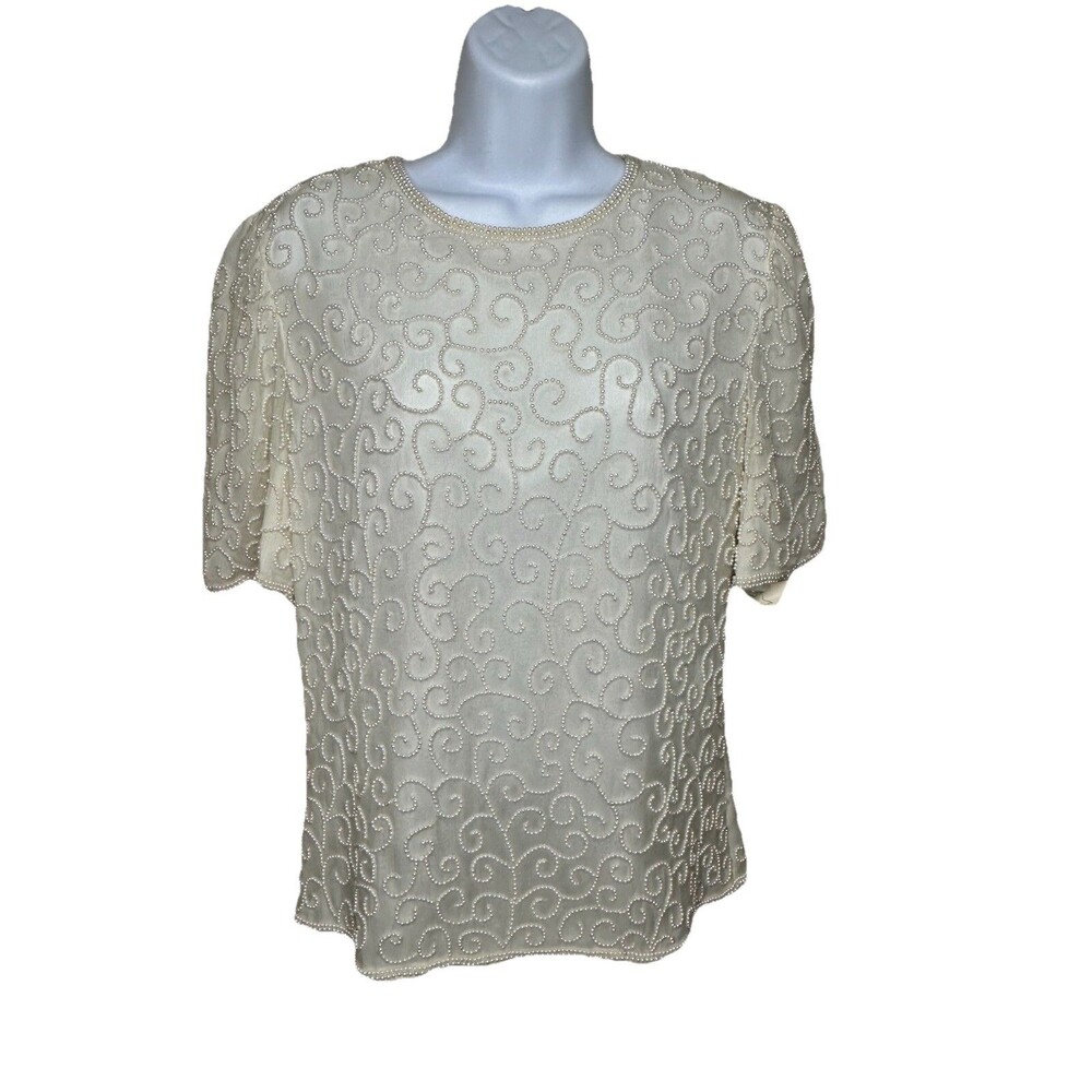Laurence Kazar Shirt VTG M Pearls Cream Silk Beaded Party Wedding  Petite NWT